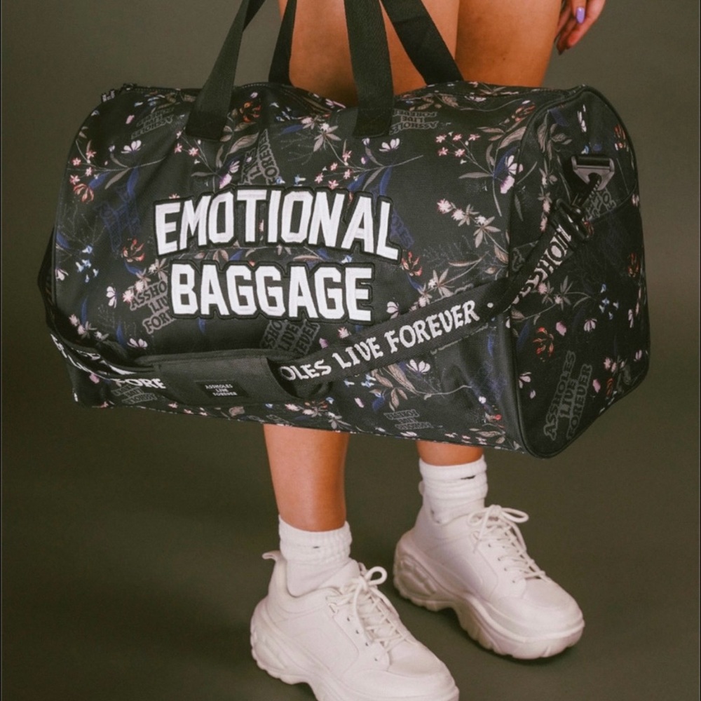 Emotional Baggage Black Flower Garden Printed Strap Duffle Bag With Shoe Holder